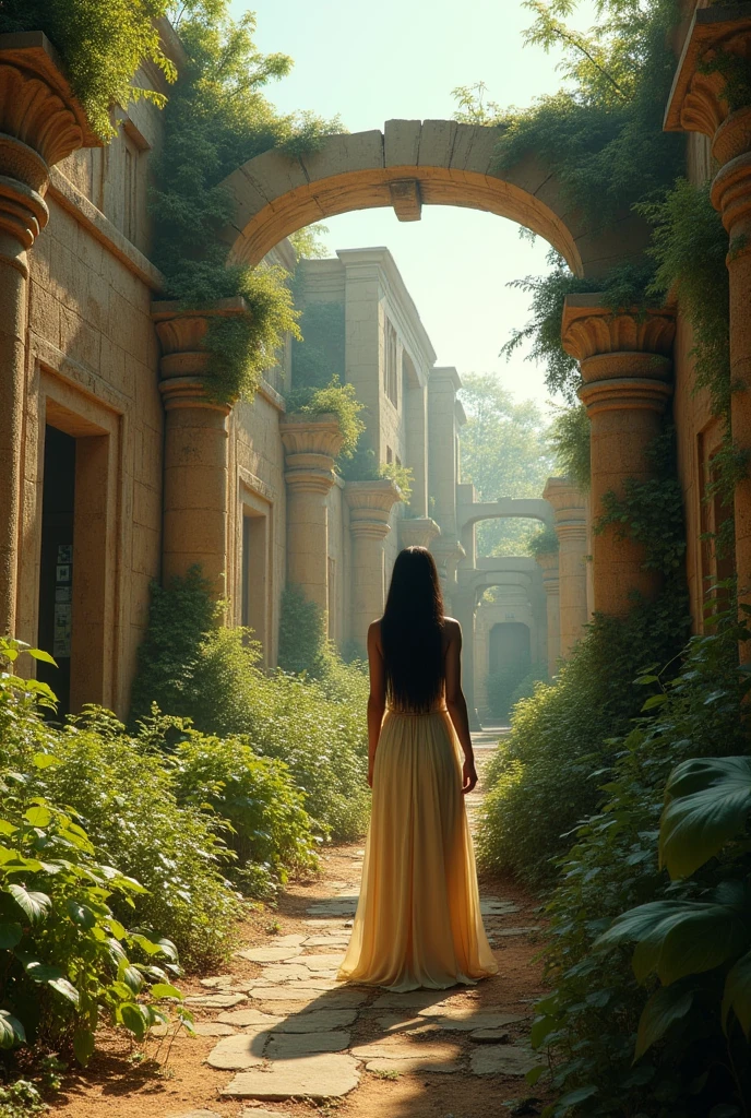 Je veux une photo ultra realiste d'un decor Egypte antique en mode urbex envahit par une végétation luxuriante, rajoute Cléopâtre la plus belle femme du monde