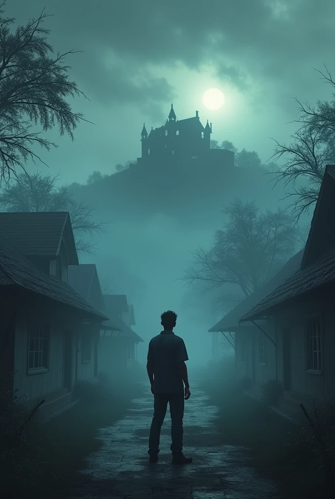 A wide shot of the eerie village at twilight, with Ravi in the foreground. The village is shrouded in mist, and there’s a faint outline of a large, decaying mansion on a hill. Ravi stands with a thoughtful expression, contemplating his decision to explore the mansion.
Size: 1024x1024