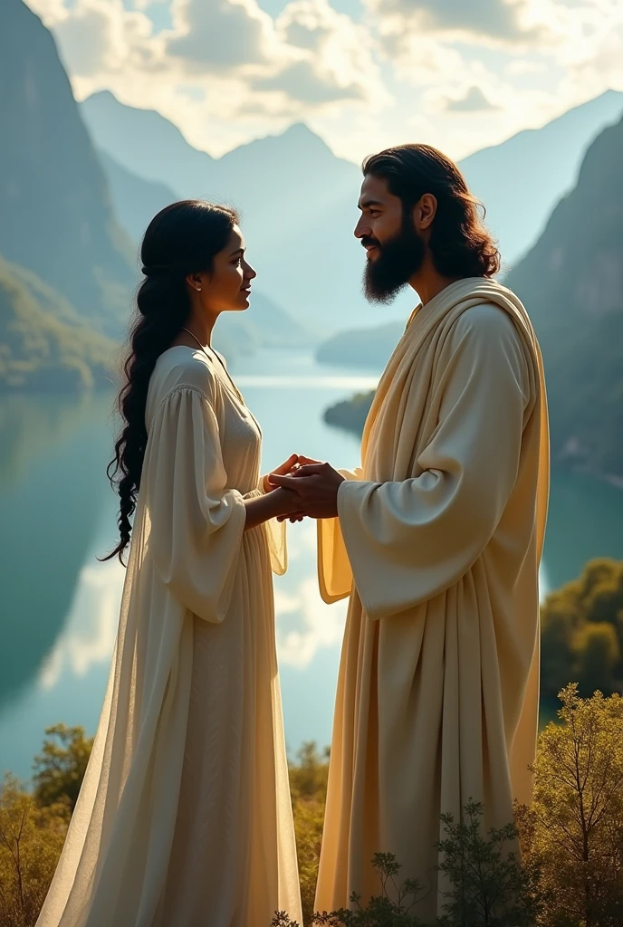With a background of beautiful lakes and mountains with clouds shining with thunders a beautiful white young indian girl wearing white Israeli dress with thick black hair braided upto her waist covered with veil  jesus with less beard  holding her hands chatting each other about the lord God