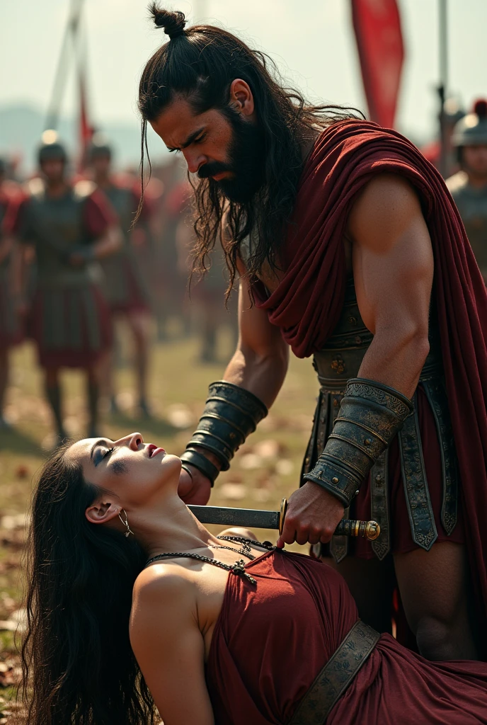 Realism, super quality, action photography style, a defeated woman kneels, her son holds the tip of his sword to the woman&#39;s throat, knife stab in the throat, Her head is thrown back strongly.., the woman has a large manly Adam&#39;s apple, (woman - 30 year old warrior, Woman&#39;s face, gothic makeup, pale skin, long hair) (son is ) The Roman Empire is fighting