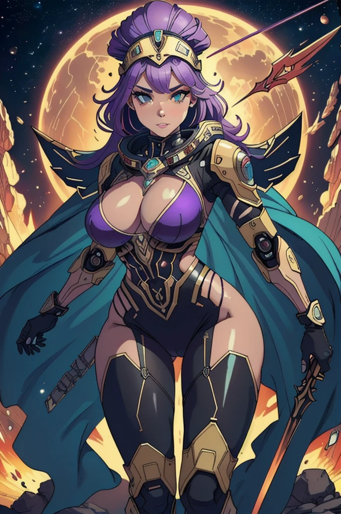 Magnificent image of science fiction with a perfectly beautiful and divine queen masterpiece, top quality, best quality, official art, afro queen warrior very beautifully and gorgeous, super sexy "Athena beauty warrior goddess" and aesthetic:1.2), (1ebony intense super erotic girl in action), (fractal art:1.2), absurder's, high-res, ultra detailed, Ultra-precise depiction, Ultra-detailed depiction, solo, (zentangle:1.2), red eyes, floating purple hair (skinny, thin body: 1.2), tanned skin, shiny skin, with very thin waist, thick and sensual lips, big and very swollen pussy, mouth wide open and very sexy, enormous super extra big ass, enormous super extra big tits, (abstract:1.2),cbpkv5, pantyhose,looking at viewer, full best body, super sensual cyberpunk astronaut robot, complex muscular robot, halo, in a mystery, dangerous and savage planet in a sci-fi very intense combat in space battle, striking carrying and lifting a spear voluptuous and super seductive warrior goddess with classic neo retro cyber Spartan War Helm in a very erotic pose, view from a distance and full body