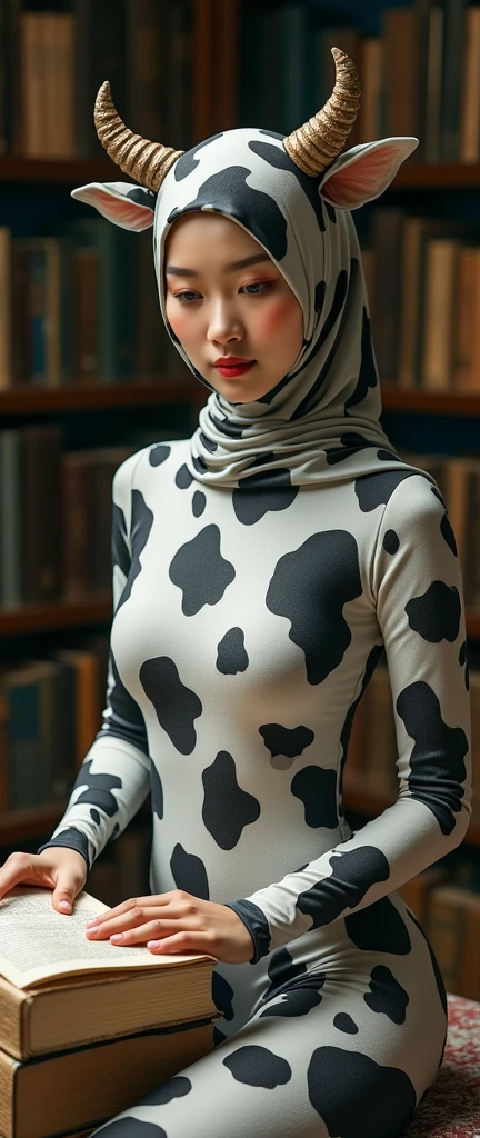 a beautiful asian muslimah woman with beautiful cheeks wears cow lycra turtleneck unitard catsuit with tail.She always wear cow lycra dancewear hijab with horns and ears.She reads many books.