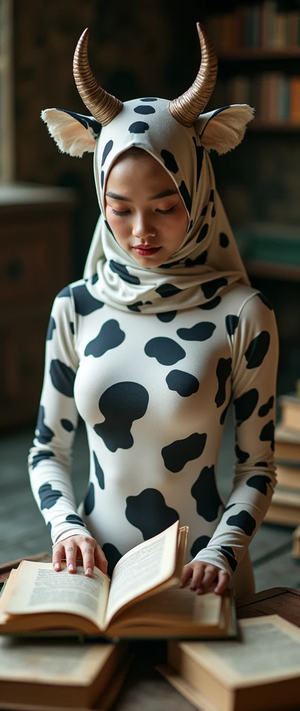 a beautiful asian muslimah woman with beautiful cheeks wears cow lycra turtleneck unitard catsuit with tail.She always wear cow lycra dancewear hijab with horns and ears.She reads many books.
