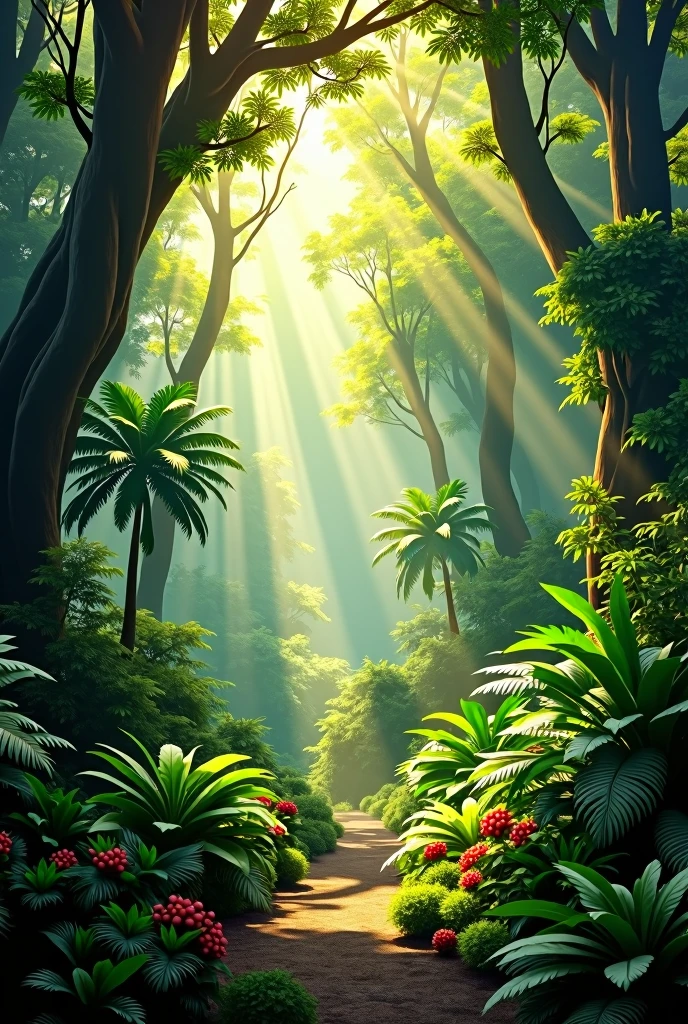 A lush, vibrant jungle with sunlight filtering through the dense canopy, casting dancing shadows on the forest floor