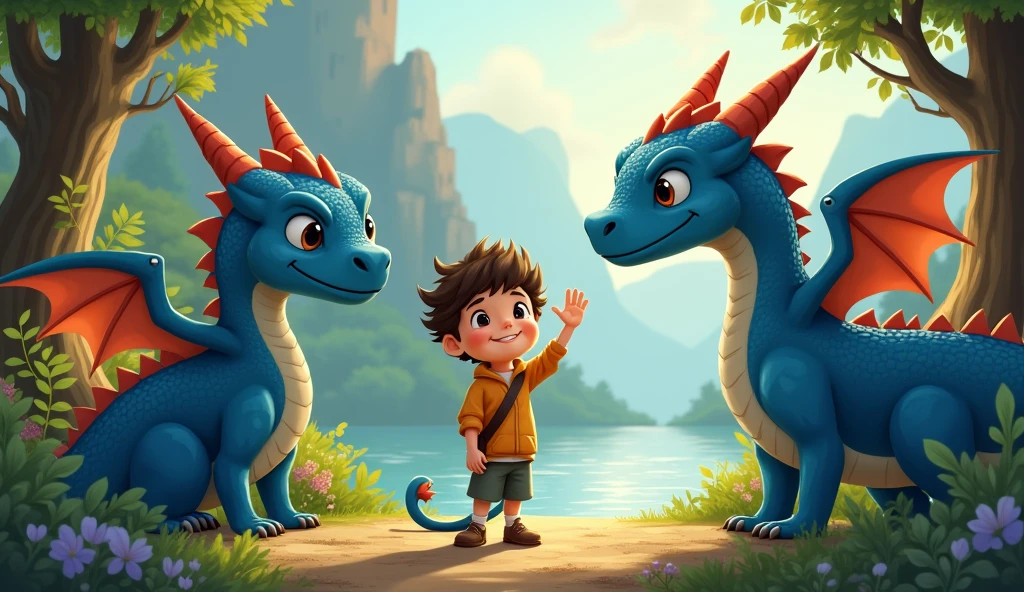 Sammy waving goodbye to the dragon family and heading back to Willowbrook with a smile. Sammy does not have a tail. All the dragons should be blue
