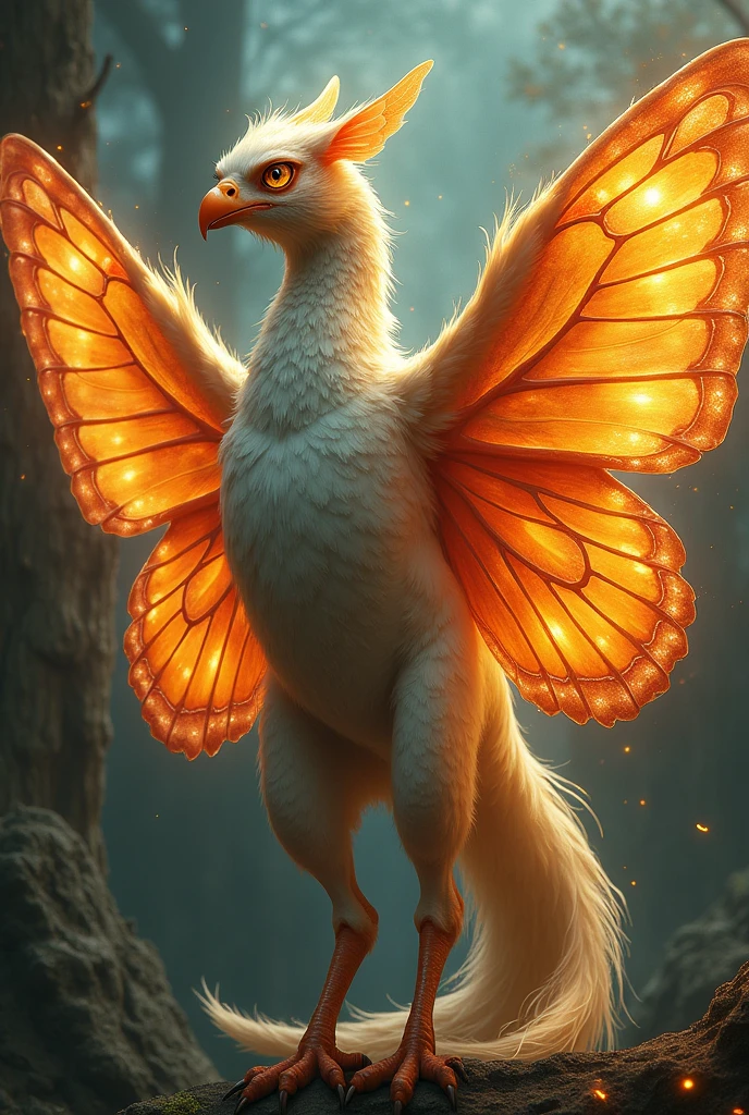 Create a drawing of a European mythological monster with the appearance of a bird, a human body and fiery butterfly wings, its skin shines with a soft glow and its eyes shine like stars, an animal