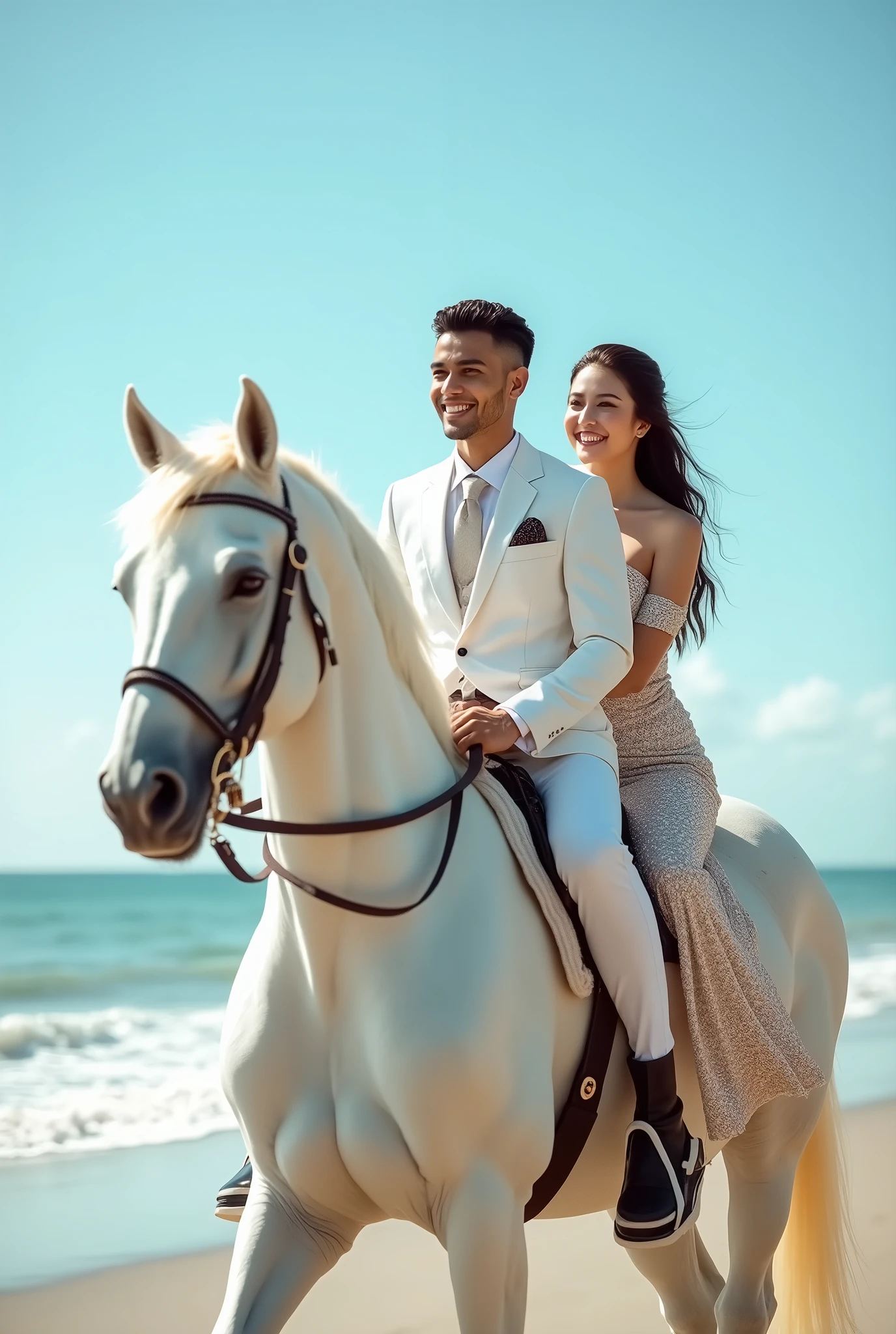 Professional photography of a handsome young Indonesian man and a beautiful Muslim Indonesian woman, riding a white horse , wearing matching formal clothes, with and charming smile, with the background of Kuta Beach, Bali, which is famous for its beautiful panorama, with clear blue sky. ultrahd+ , fullHD, realistic, looks authentic, must be detailed , dramatic scene, SHARP OBJECT FOCUS, no blur