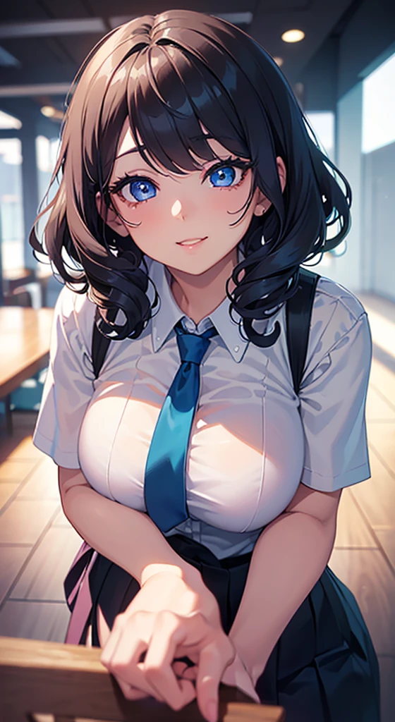 ((Short Hair, Highest quality, High resolution, Hmph, Pixel perfect, 4K, Hmph, Hmph))), One Girl, single, alone, Beauty、 ((  Black Hair、bangs、Curly Hair)), ((Big blue eyes, Beautiful eyelashes, Realistic eyes、Double)), ((Detailed smile, )), ((Smooth texture:0.75, Realistic texture:0.65, Realistic:1.1, Anime CG style)), Big Breasts, Perfect body, school uniform、skirt、Pink tie、missing fingers/fewer digits、Dynamic Angle