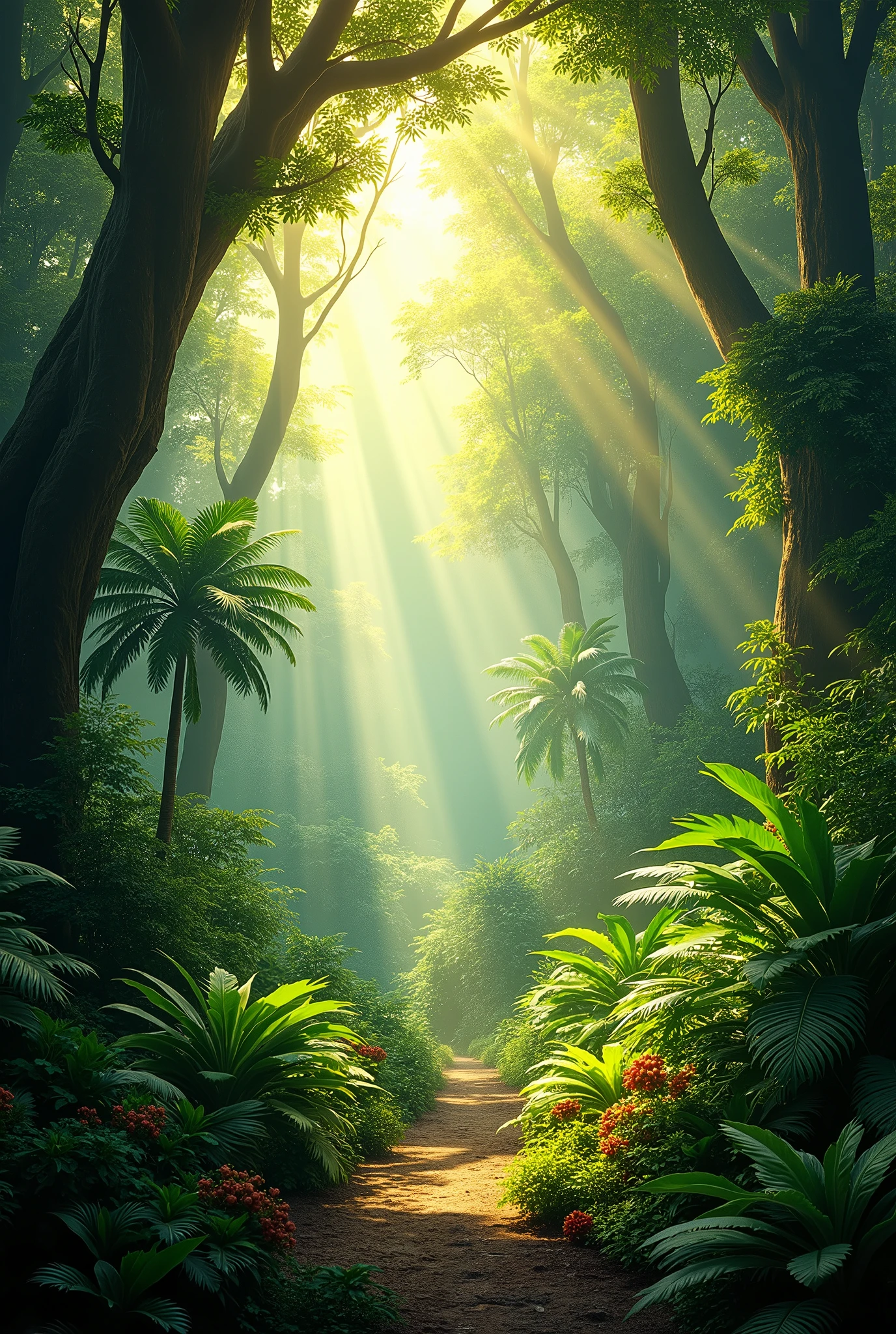 A lush, vibrant jungle with sunlight filtering through the dense canopy, casting dancing shadows on the forest floor