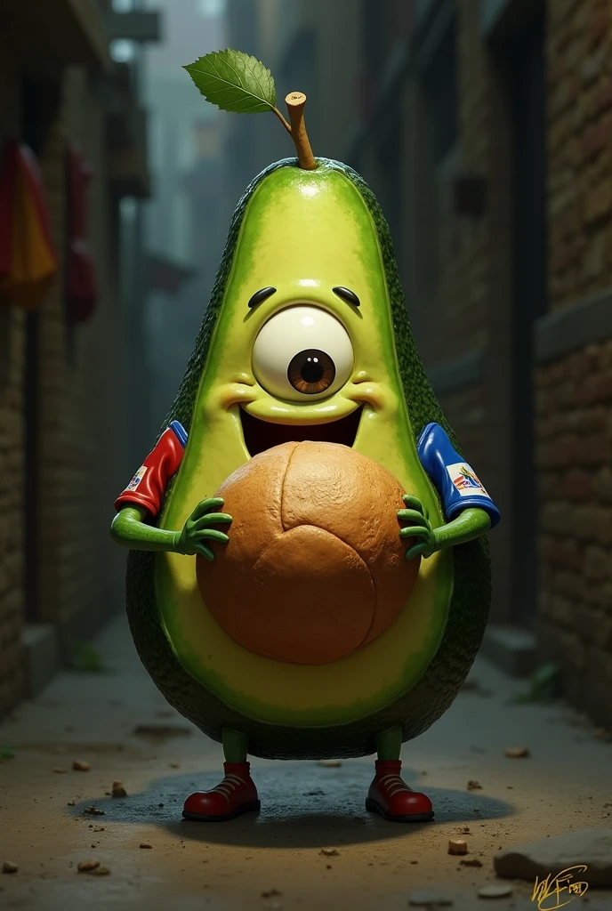 An avocado personified in a human with a Honduran national team shirt eating baleadas