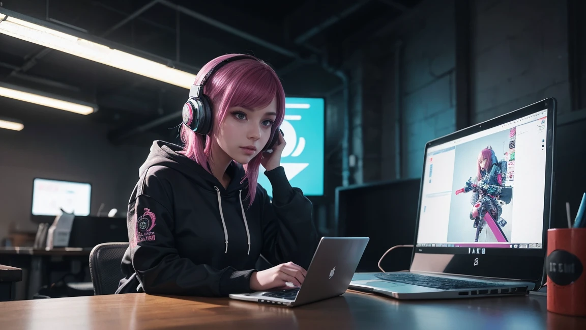 arafed image of a girl sitting at a desk with a laptop and headphones, cyberpunk art inspired by Alena Aenami, trending on Artstation, digital art, cyberpunk vibe, digital cyberpunk anime art, cyberpunk art style, digital cyberpunk - anime art, cyberpunk anime girl in hoodie, cyber style, cyberpunk vibes, in cyberpunk style, cyberpunk anime girl, cyber school girl