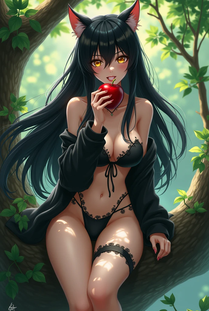 An anime girl with cat ears, very long black hair with bangs similar to Inuyasha's with big golden eyes with fangs and claws with torn clothes that show parts of her body and leather boots sitting in a tree eating an apple
