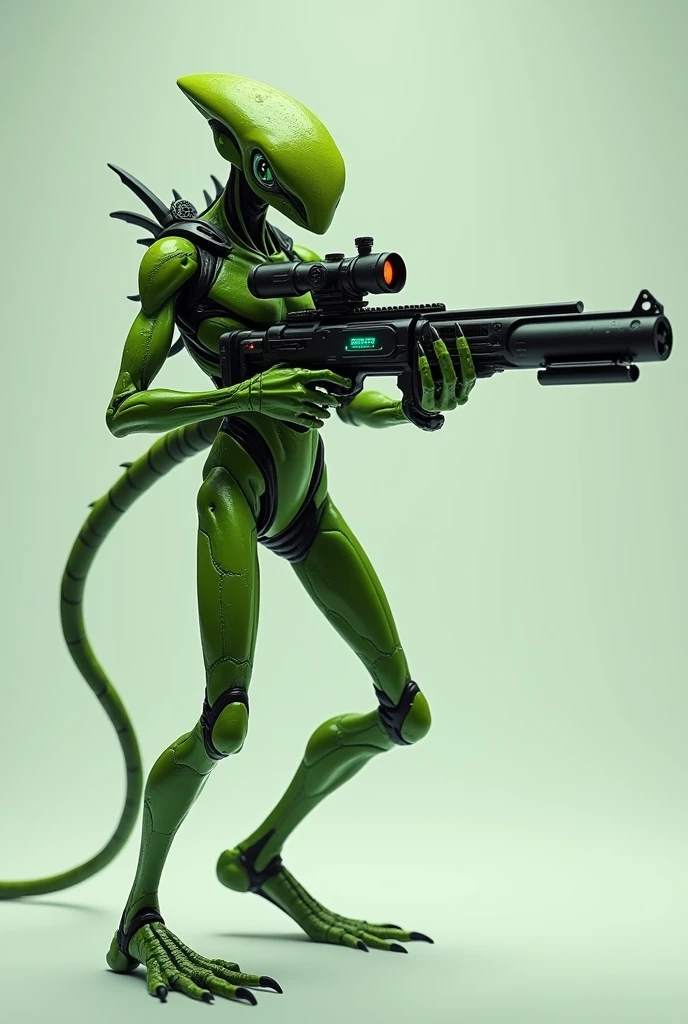 Create an image of an alien sniper in green and black colors with no background and where you can see the entire weapon