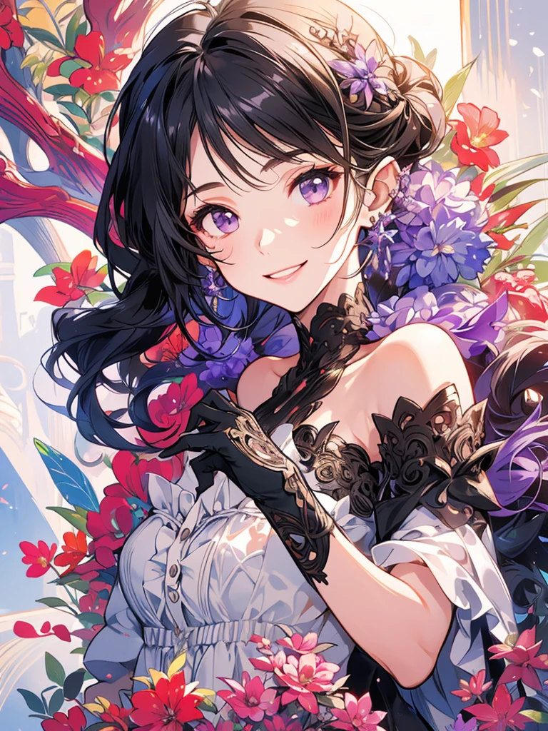 masterpiece, Highest quality, One Girl, Very detailed, Ultra-high resolution, Distinctive facial features, Anatomically correct, pretty girl, Long pointy ears, Fairy, Nice face,Black Hair, Purple eyes,One-piece dress, smiling, bye bye, wave hands
