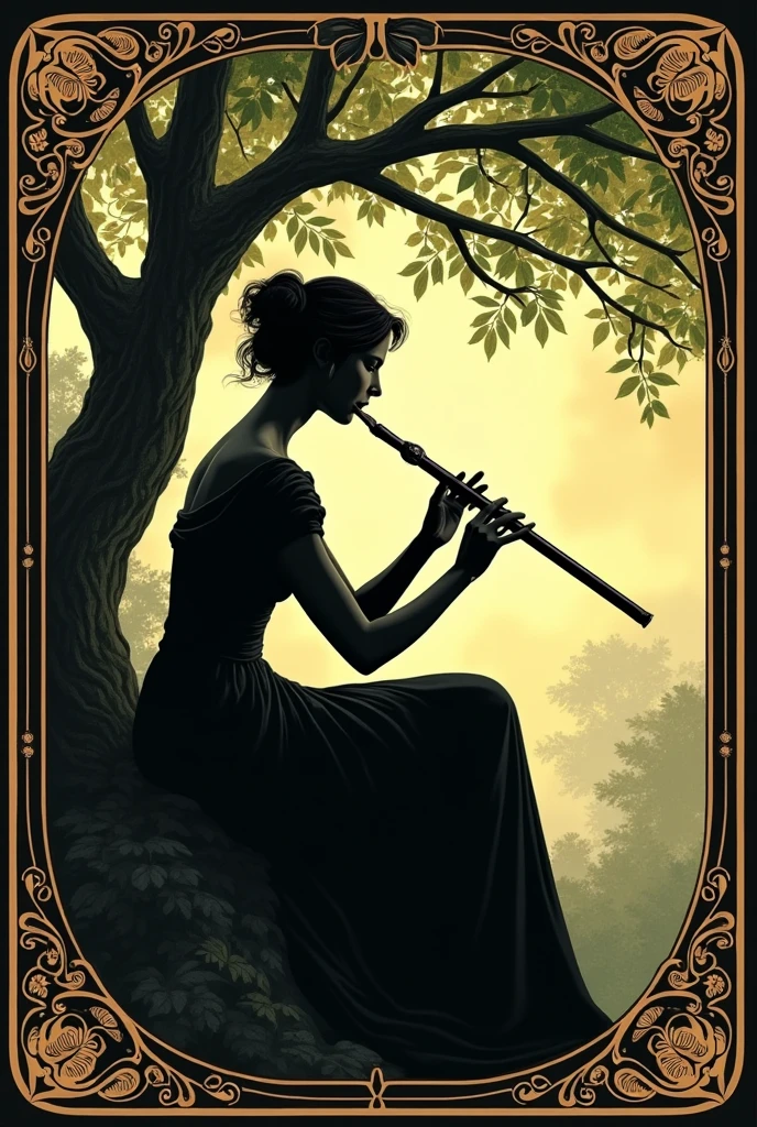 Woman playing the short flute with both hands sitting in a tree, Renaissance style.
Very decorated frame, Mucha Style. Seen as a shadow, logo type.
