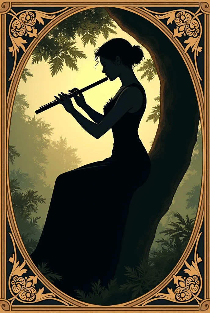 Woman playing the short flute with both hands sitting in a tree, Renaissance style.
Very decorated frame, Mucha Style. Seen as a shadow, logo type.
