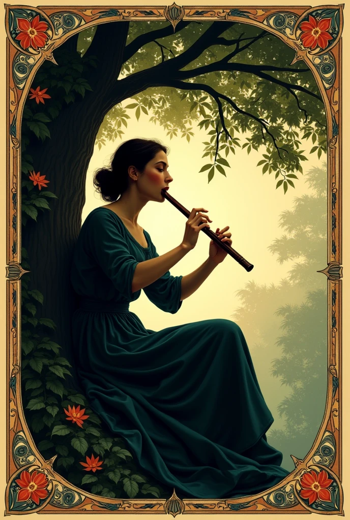 Woman playing the short flute with both hands sitting in a tree, Renaissance style.
Very decorated frame, Mucha Style. Seen as a shadow, logo type.