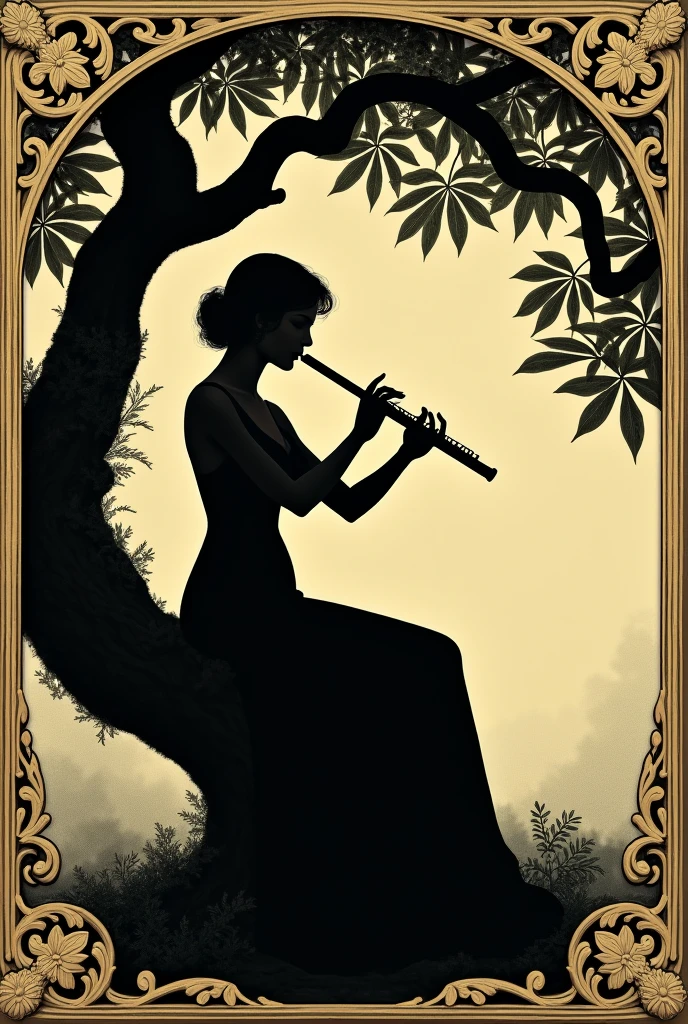 Woman playing the short flute with both hands sitting in a tree, Renaissance style.
Very decorated frame, Mucha Style. Seen as a shadow, logo type.