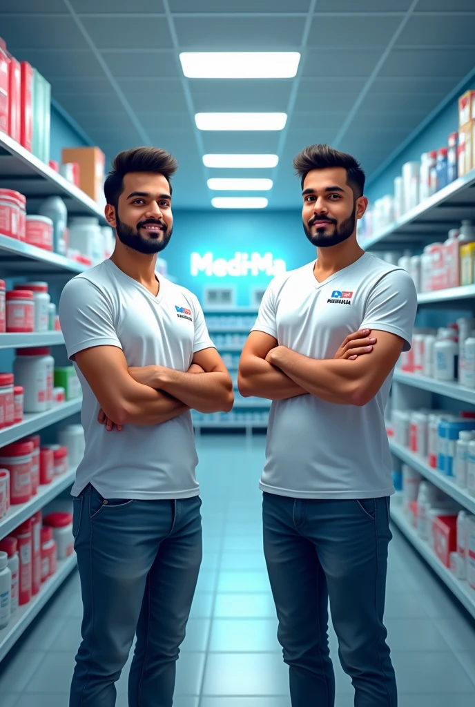 A medical shop which name is medi-ma with two business man one name is piyush and second name is shubham. Stand like business owner with their name also show their name at their t shirt
