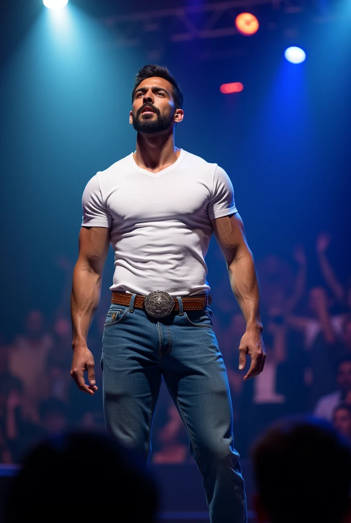 A handsome mature Puerto Rican boy with a beard wearing tight blue jeans and a white printed t-shirt with a tight cowboy belt buckle, looking like a muscular model singing a song on stage having perfect protruding bulge and . and your figure is so stunning.. 