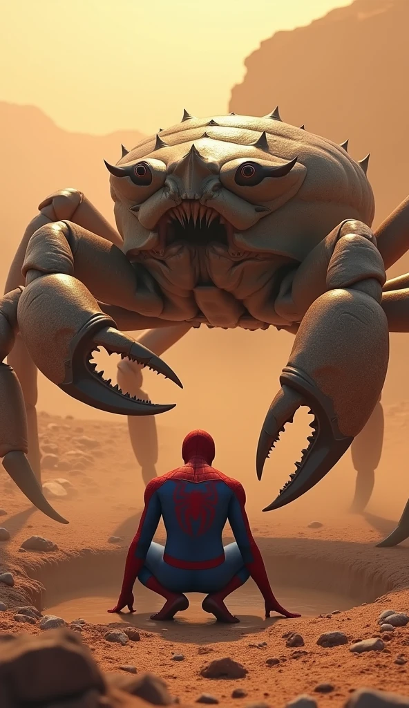 The image shows Spider-Man sitting in a pit in the middle of the desert, with a giant crab standing in front of him. The crab has its hood extended and appears ready to attack. The scene appears to be at sunset, creating a dramatic and tense atmosphere. The image is highly stylized and likely represents a digitally created artwork or an imaginative landscape.