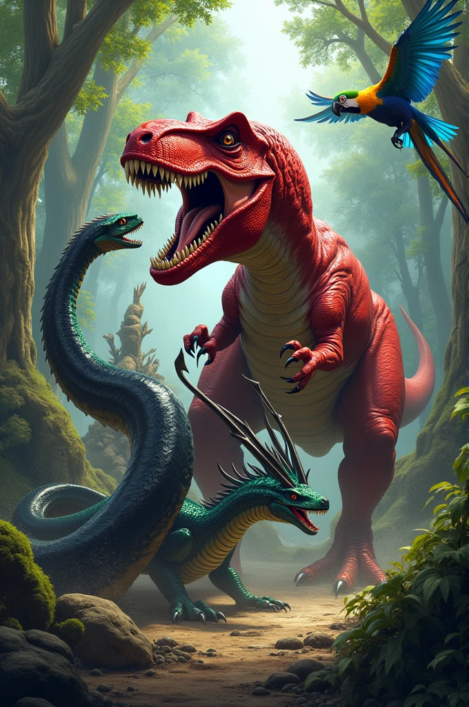 drawing of red t-rex being attacked by a black snake, hydra verde (mythical being), and blue macaw