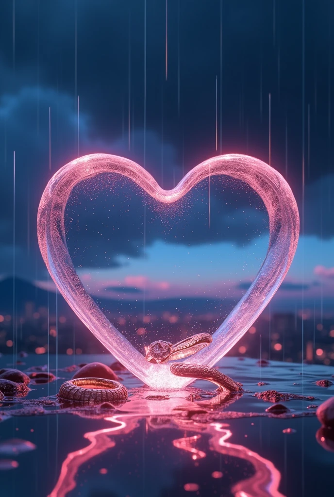 rain、Rain landscape、Distinct and Real City、The city in the background is clearly visible、A fantasy scene with blue and black as the main colors、Pink Heart、Cartier gold ring、Realistic cloudy sky、Angled three-dimensional glass open heart、Neon color、There are two engagement rings inside the glass heart、One ring is placed to the side and the other is held at an angle.、Fantasy、romantic、high resolution、Wide angle、distinct、Real、vivid、beautiful、masterpiece、panorama、extensive、Light and shadow details、The water is clear and shiny、The water faithfully reflects the scenery、ズームアウト✕3倍、
