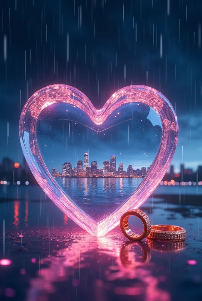 rain、Rain landscape、Distinct and Real City、The city in the background is clearly visible、A fantasy scene with blue and black as the main colors、Pink Heart、Cartier gold ring、Realistic cloudy sky、Angled three-dimensional glass open heart、Neon color、There are two engagement rings inside the glass heart、One ring is placed to the side and the other is held at an angle.、Fantasy、romantic、high resolution、Wide angle、distinct、Real、vivid、beautiful、masterpiece、panorama、extensive、Light and shadow details、The water is clear and shiny、The water faithfully reflects the scenery、ズームアウト✕3倍、