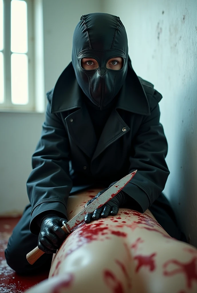 korean girl, (behind stiff, holding knife), stabbing, leather balaclava mask, black gloves, bloody room, black raincoat, bloody knife, black gloves, woman on top, white room, behind cadaver, blood splatter, on the bed, looking at viewer, mass murderer, killer, blood splatter, light from the window, close-up,
