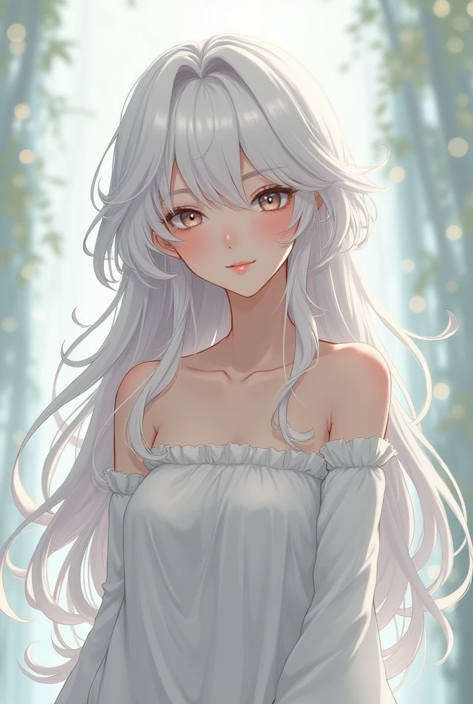 You could create a female character with an anime aesthetic who has long, almost white, platinum hair that conveys innocence and kindness., pale and flawless skinLong shag cut with longer layers at the back of the head and voluminous bangs with soft waves yes a versatile cut.