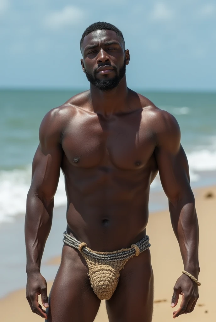 a dark man, brawny, naked on the beach showing his erect penis (NSFW)