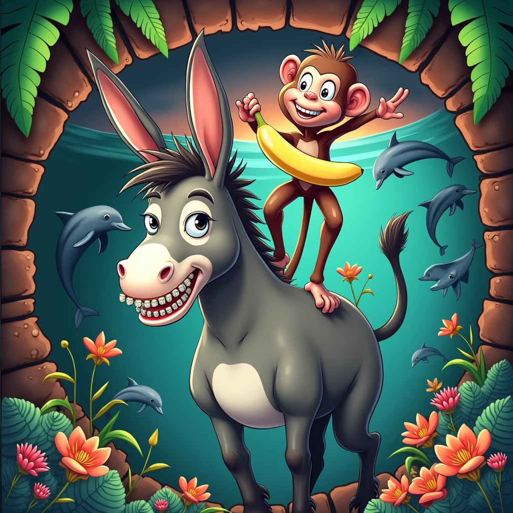 I want an image where a donkey appears with braces on its teeth while a monkey is on top of it with a banana, in the sea flying surrounded by dolphins in a colorful environment
