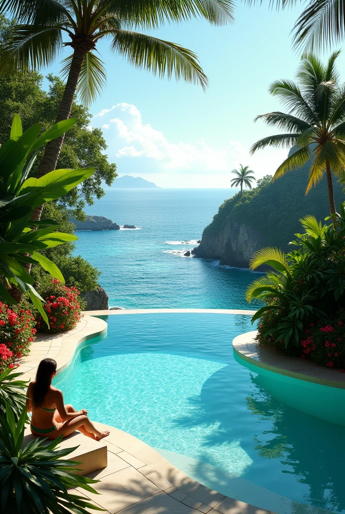 Imagine there is a pool with a lounge chair and a view of the ocean, next to a tropical pool, sit on the edge of swimming pool, tropical pool, masterpiece work of art, well-designed masterpiece, f / 1, architectural digest, f/2, f / 2, inspiring, f / 3, wonderful masterpiece, a stunning masterpiece