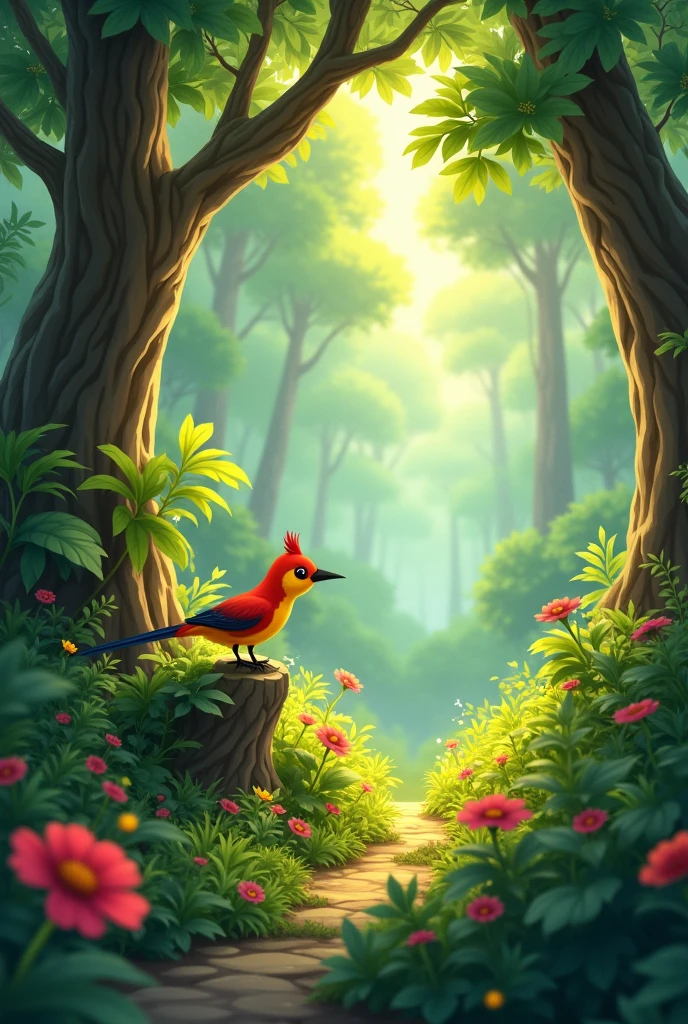 In a lush forest, full of tall trees and bright flowers, There lived a little bird called Tintin.