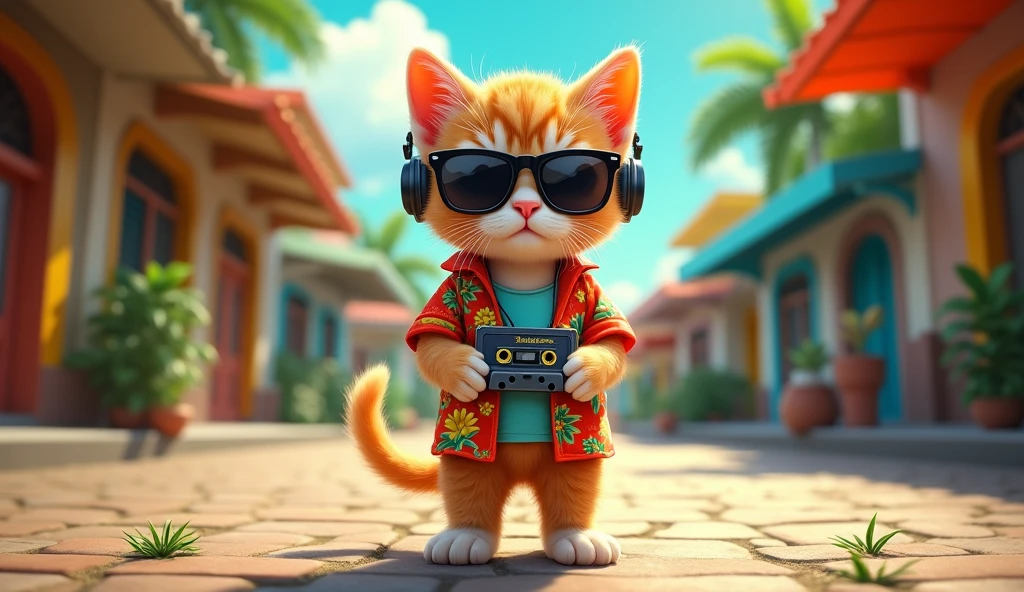 1920x1080 16:9 Perfect Centering, Cute kitten, Wear Aloha, Wear sunglasses, Wearing headphones and holding a cassette tape, Standing position, Abstract Beauty, Centered, Looking into the camera, To the camera, Near perfect, dynamic, Port Royal, Jamaica「Pirate capital of the Caribbean」In the port city known as、Very detailed, Digital Painting, artステーション, コンセプトart, Smooth, Sharp focus, 8k, High resolution, shape, art：Karn Griffiths and Vadim Kashin, world heritage