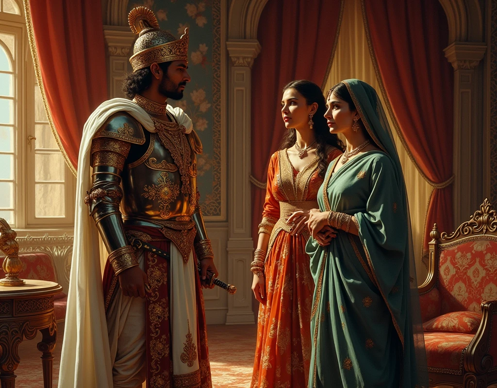 The rajput warrior and his new wife and her brother standing in our room, the rajput kingdom , the two rajput warrior and female rajput warrior , he was standing in the room , in the room , room , the two warrior  talking together
