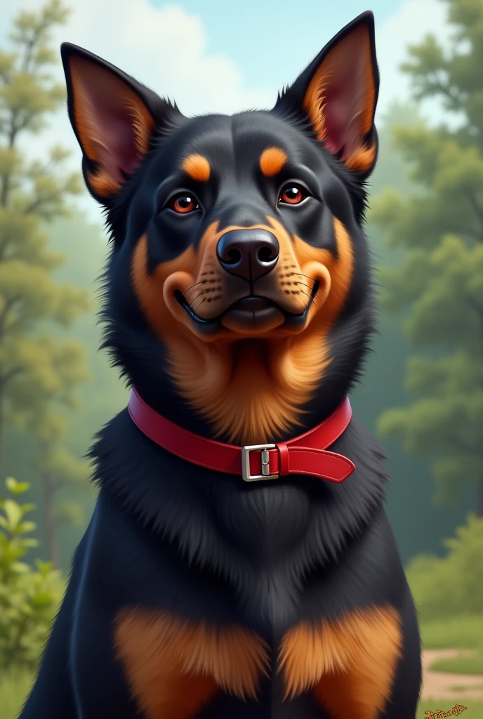 Realistic illustration of a rottweiler dog mixed with a German shepherd, has a red collar, Friendly face, has drooping ears. He has a wide snout.
