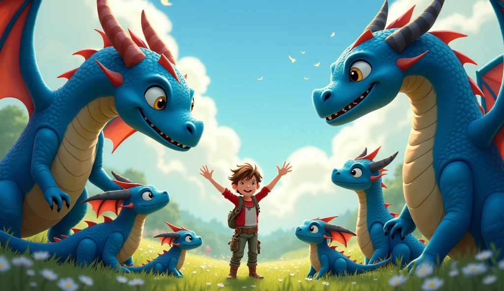 Sammy waving goodbye to the dragon family and heading back to Willowbrook with a smile. Sammy does not have a tail. All the dragons should be blue.