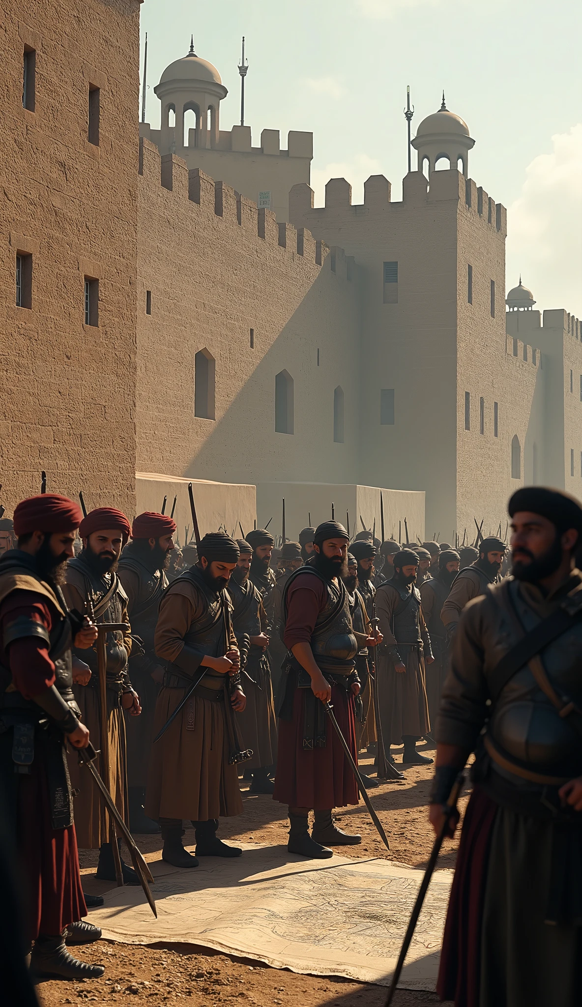 Create a highly detailed, ultra-realistic scene of Thariq bin Ziyad's forces preparing for an assault on a fortified city. Thariq and his warriors, all dressed in traditional Islamic warrior attire, including turbans, leather, and iron armor, are shown in intense preparation. Some warriors are sharpening their swords, others adjusting their armor, while a few are strategizing over a map. The fortified city looms in the background with imposing walls and watchtowers. The scene is illuminated with cinematic lighting, creating deep shadows and emphasizing the tension and anticipation of the upcoming battle. Epic color grading enhances the contrast between the cool, dark tones of the environment and the warm, earthy hues of the warriors' attire, adding to the grandeur and intensity of the scene