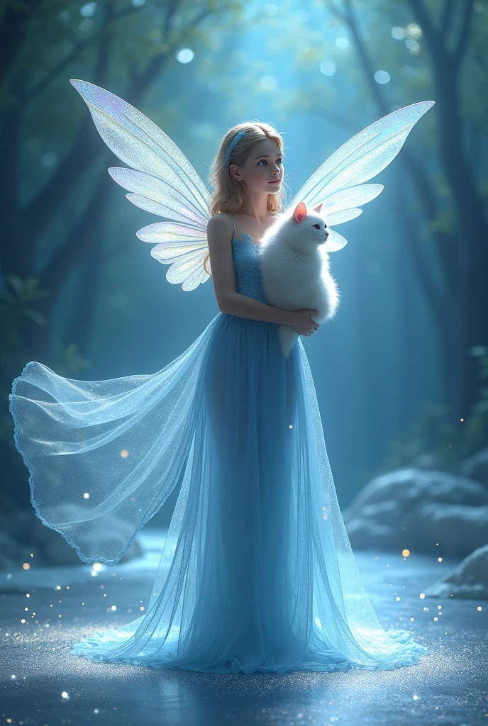 A wears a lacy blue dress with shining fairy wings, holding a fluffy white cat. They walk on a glittering stage, creating an atmosphere of magic and wonder. Her dress and wings give the impression that she is a fairy from a fairytale world, ready to bring joy and magic.