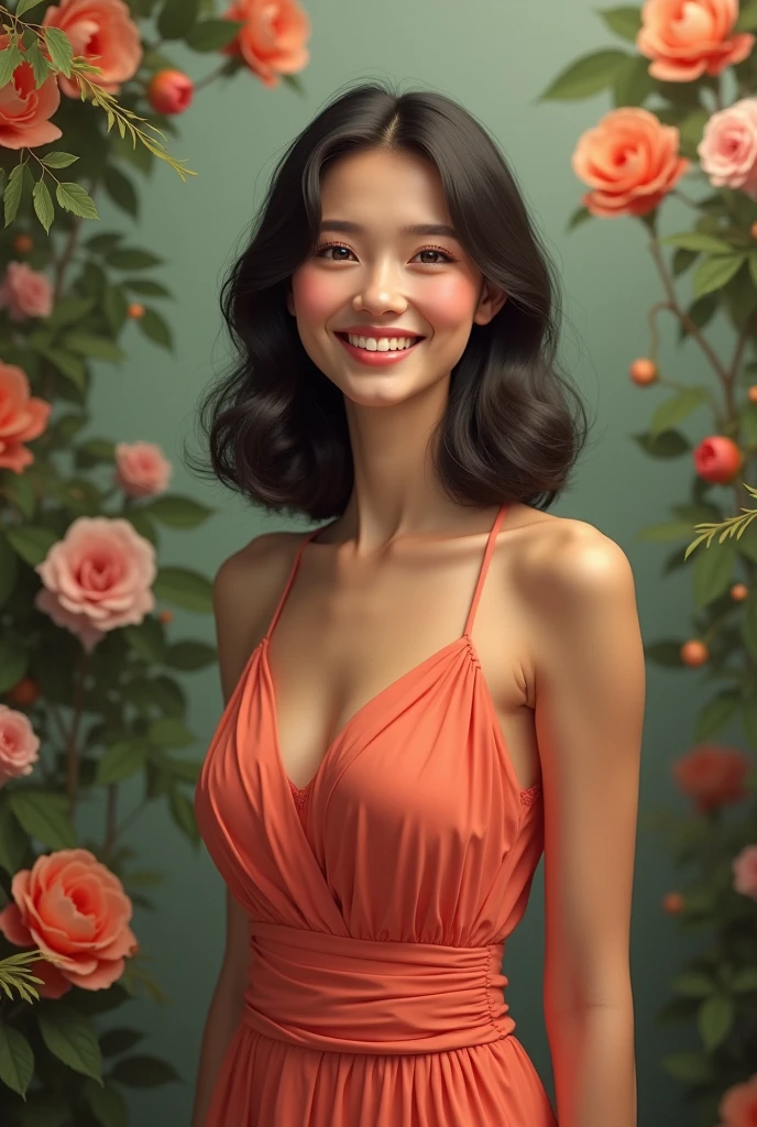 Mature girl with smiling face and solid mini dress with floral background with full length
