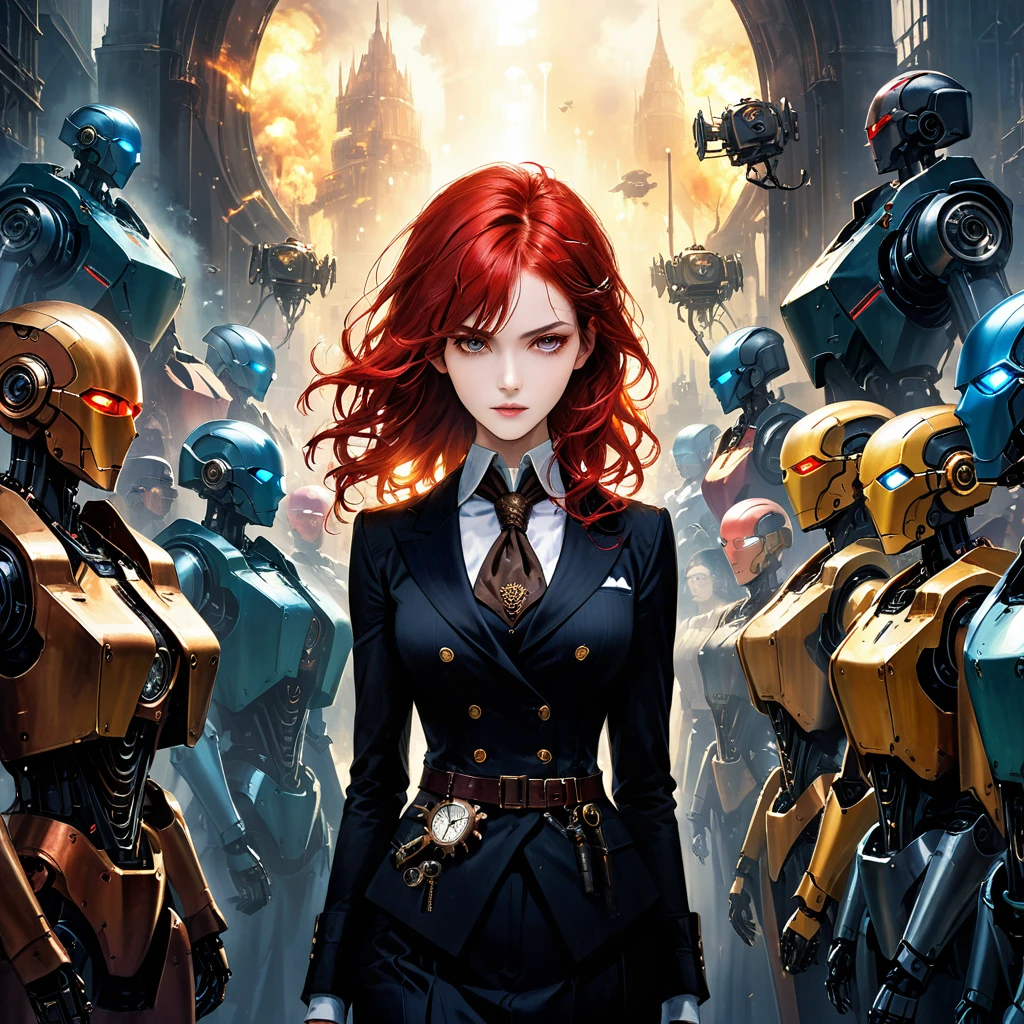 There is a woman standing in front of a group of robots, Steampunk male portrait, synthesis, Beautiful robot woman, Precarious、Grand war scene, Inspired by Richard Avedon, A black diesel punk woman, red-haired woman, Girl in suit, Sophisticated fashion clothing, beautiful female soldier