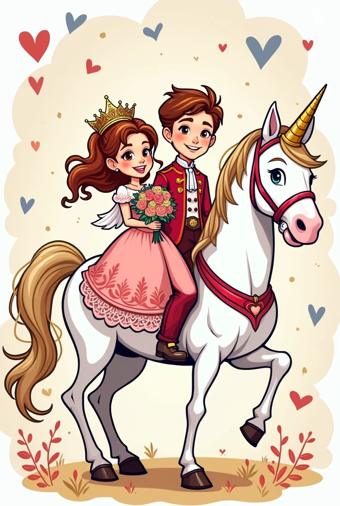 High detail vector drawing of a princess and prince's wedding on a white horse. The drawing is in a cartoonish way and they show their entire bodies in the picture. Colorful line art drawing. Vector drawing.