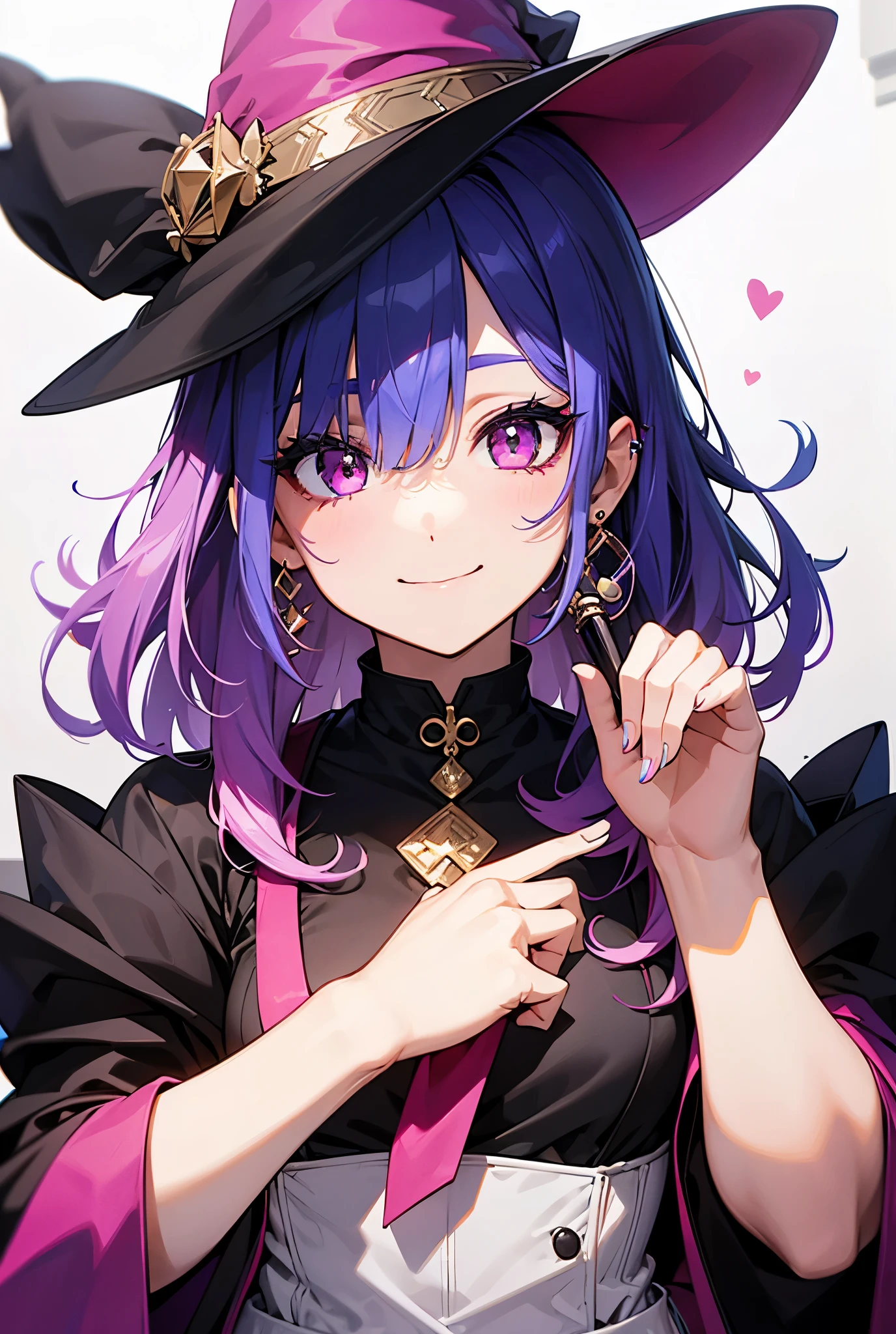 1 , detail, multi-colored hair, hair over one eye, medium hair, Caught on both sides, aretes, pink eyes, make-up, happy/glad, witch's hat, anime styling,