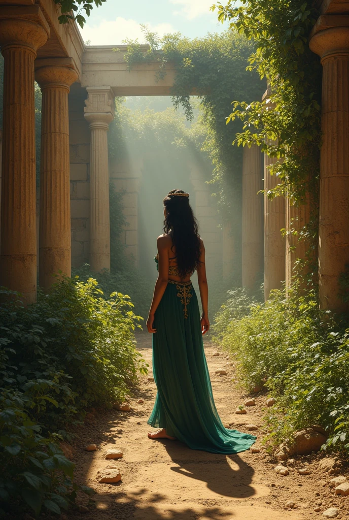 Je veux une photo ultra realiste d'un decor Egypte antique en mode urbex et en ruine envahit par une végétation luxuriante, rajoute Cléopâtre la plus belle femme du monde