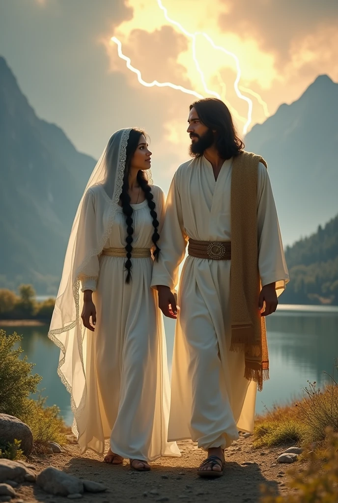 With a background of beautiful lakes and mountains with clouds shining with thunders a beautiful white young indian girl wearing white Israeli dress with thick black hair braided upto her waist covered with veil  jesus with less beard  holding her hands and walking