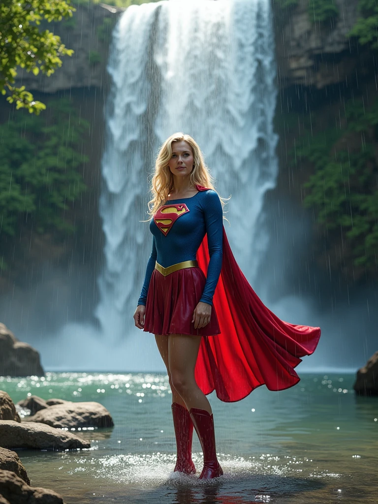 supergirl taking a shower in a river under a waterfall