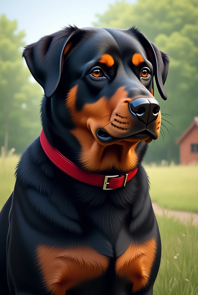 Realistic illustration of a rottweiler dog mixed with a German shepherd, has a red collar, Friendly face, has drooping ears. He has a wide snout.