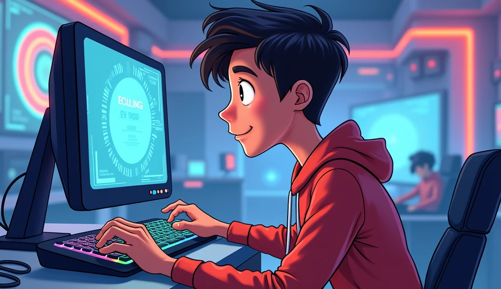 Control, console, cellular, missiles, cartoon young man playing in gamer room on pc