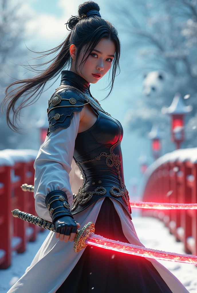 (masterpiece, best quality, beauty, best ratio, best shadows,best Illustration, wallpaper size,1080×2400 pixels,detailed face,pastel colors)
uhd, china female kungfu, korean beauty like tae yon, dancing, full posture fully visible, shining blue eyes, windblown short hair, wear black and white full general armory leather, hand holding dual sword emits red energy, on top the snowing china red bridge. blue sky, panda and snowflake seen on far away.use the RenderMan renderer.digital art.High definition, high contrast, high color saturation ,128k,cinematic lighting, intricate,cinematic advertising photograph,cinema lens,high res.